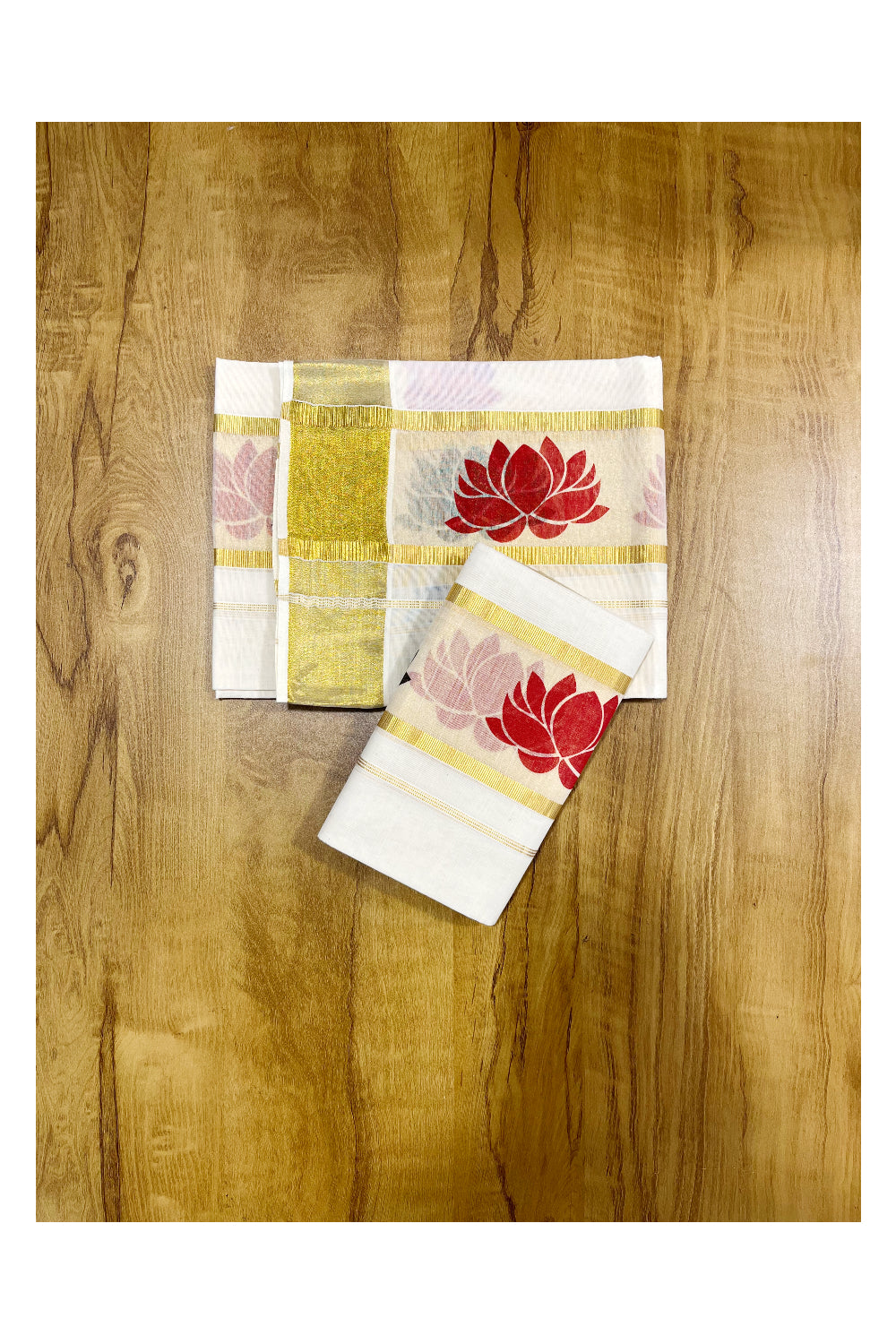 Kerala Cotton Single Set Mundu (Mundum Neriyathum) with Red And Black Lotus Block Prints On Kasavu Border