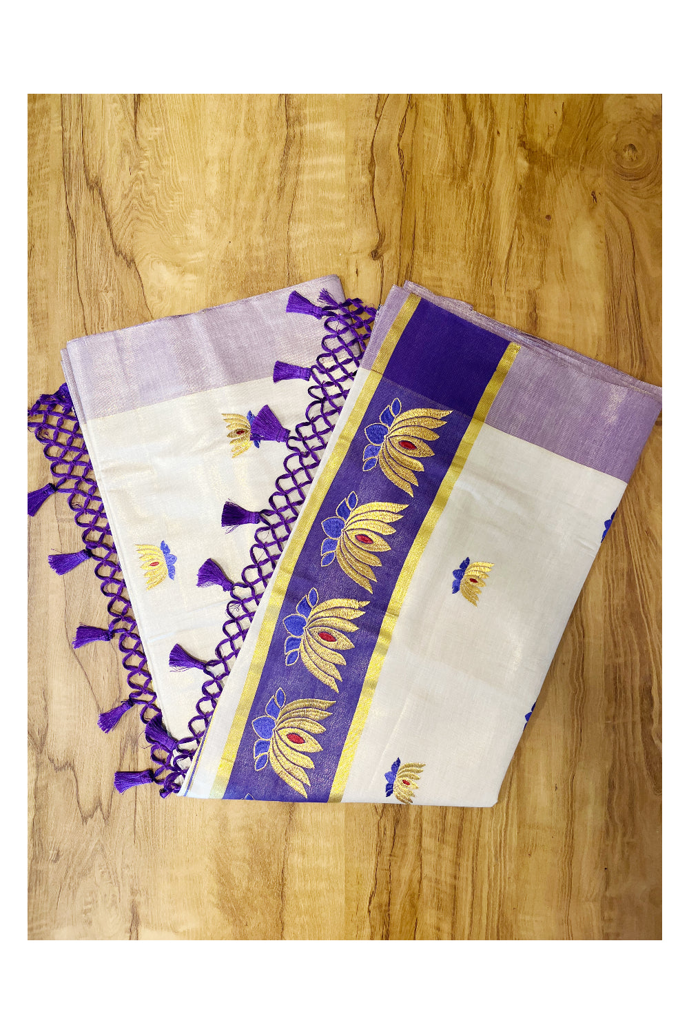 Southloom Kerala Tissue Kasavu Saree with Violet And Golden Lotus Embroidary Works on Body