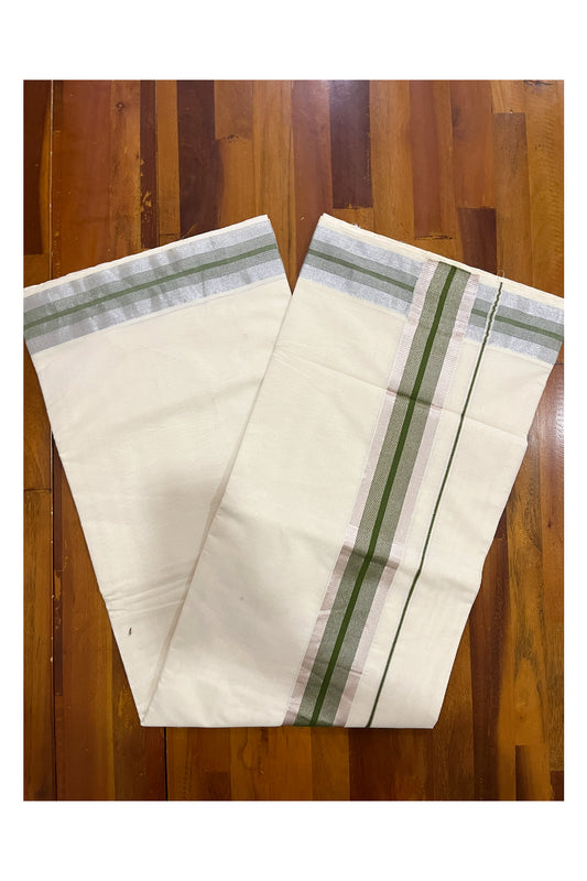 Kerala Pure Cotton Plain Saree with Silver Kasavu and Olive Green Line Border