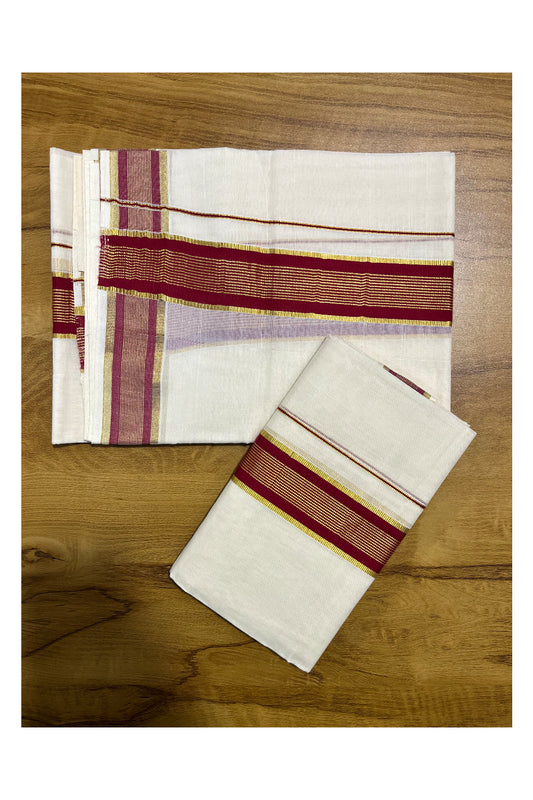 Southloom Pure Cotton Kerala Single Set Mundu (Mundum Neriyathum) with Maroon and Kasavu Border 2.80 Mtrs SLKK