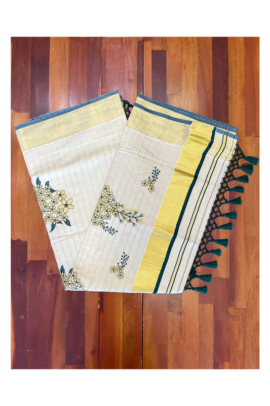 Southloom Kerala Tissue Kasavu Lines Saree with Kanikonna Floral Embroidery Designs on Body