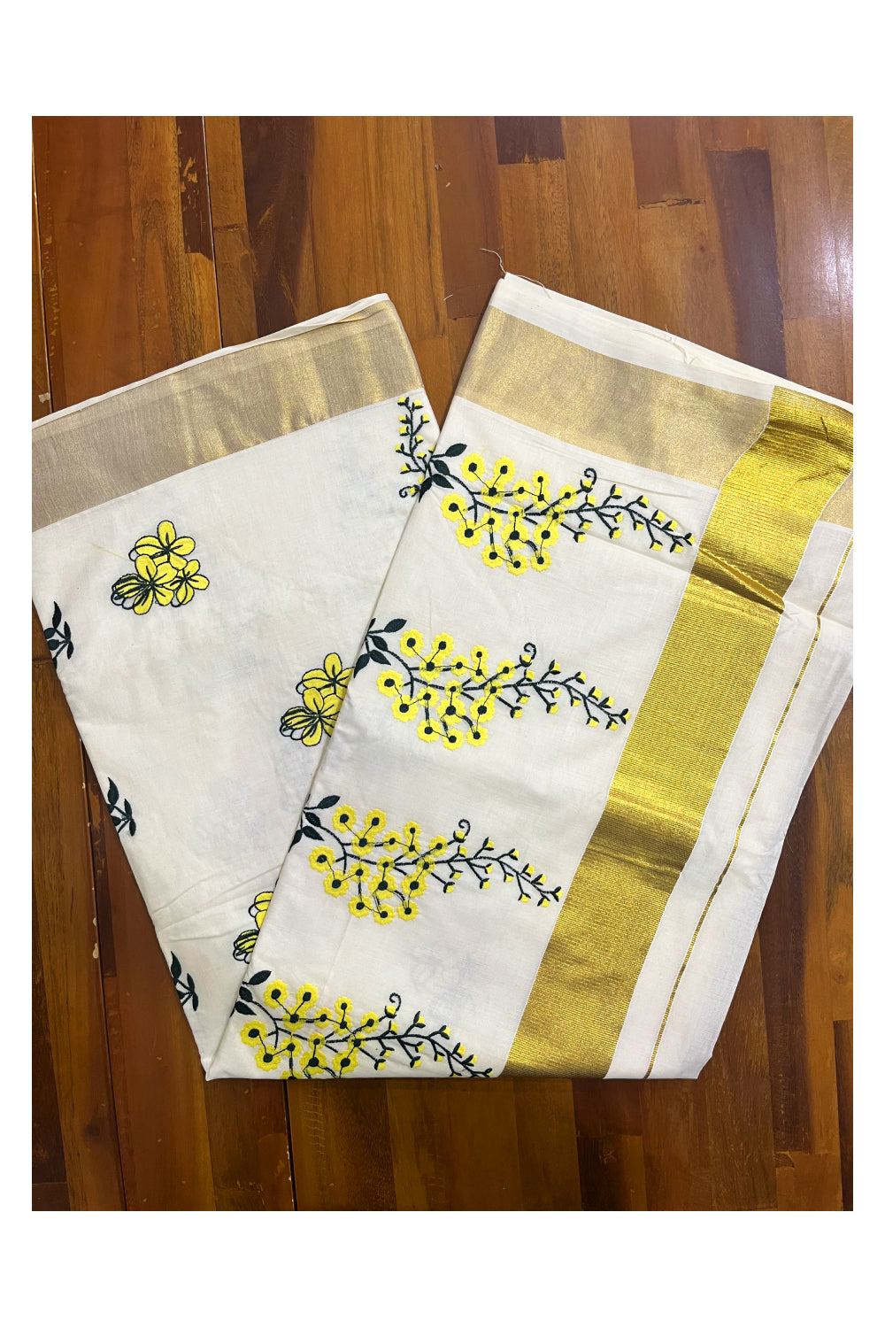 Pure Cotton Kerala Kasavu Saree with Kanikonna Floral Embroidery Designs