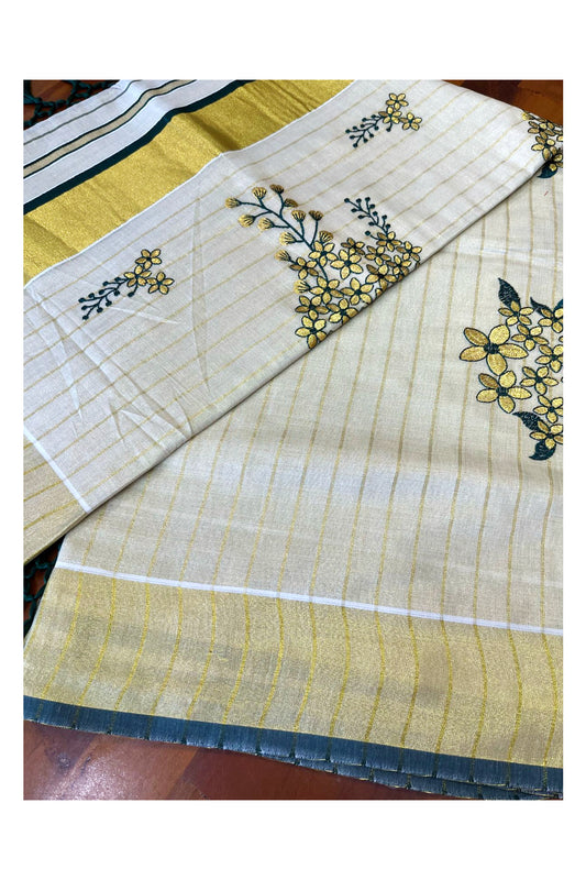 Southloom Kerala Tissue Kasavu Lines Saree with Kanikonna Floral Embroidery Designs on Body