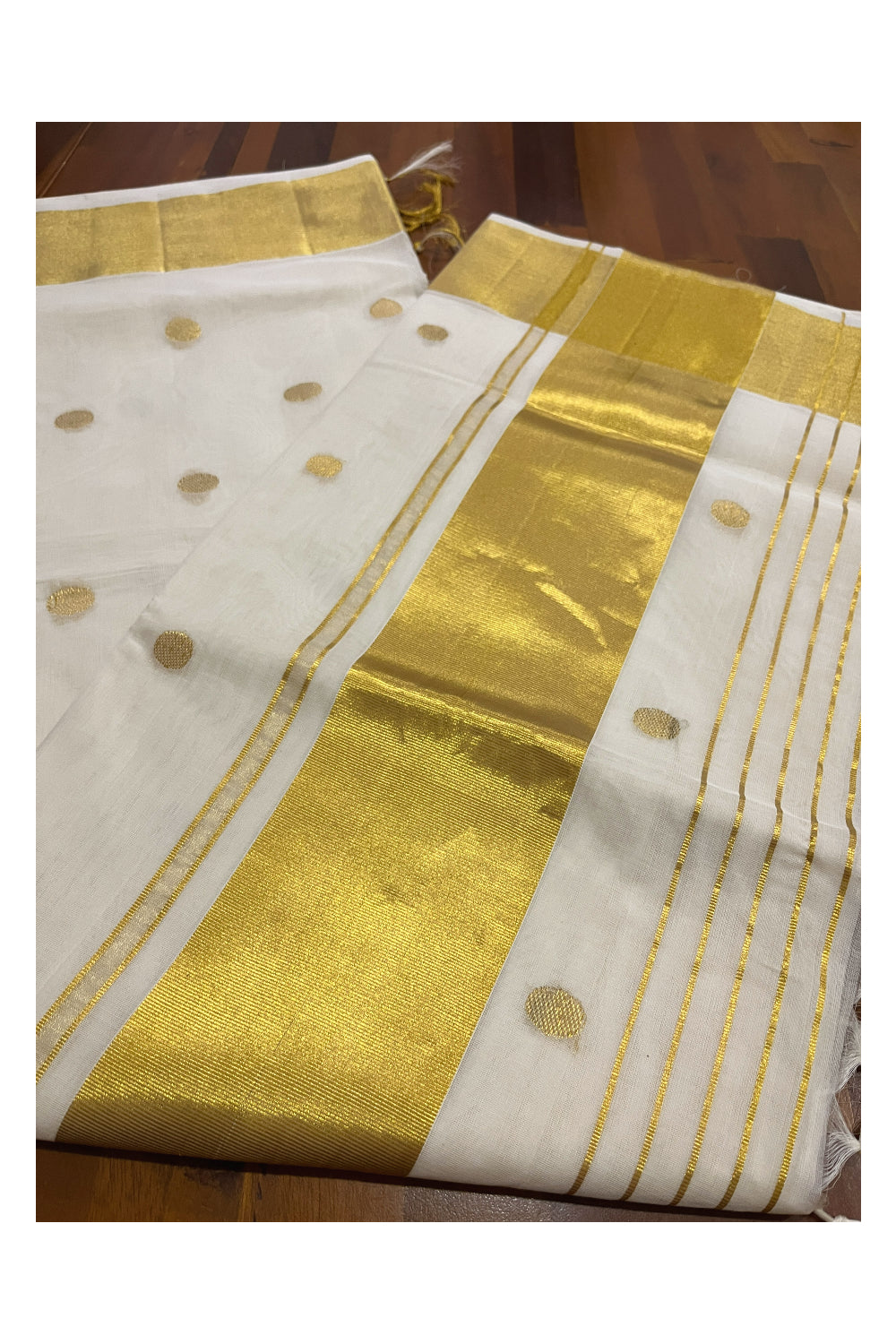 Southloom Premium Handloom Cotton Kerala Saree with Golden Polka works on Body