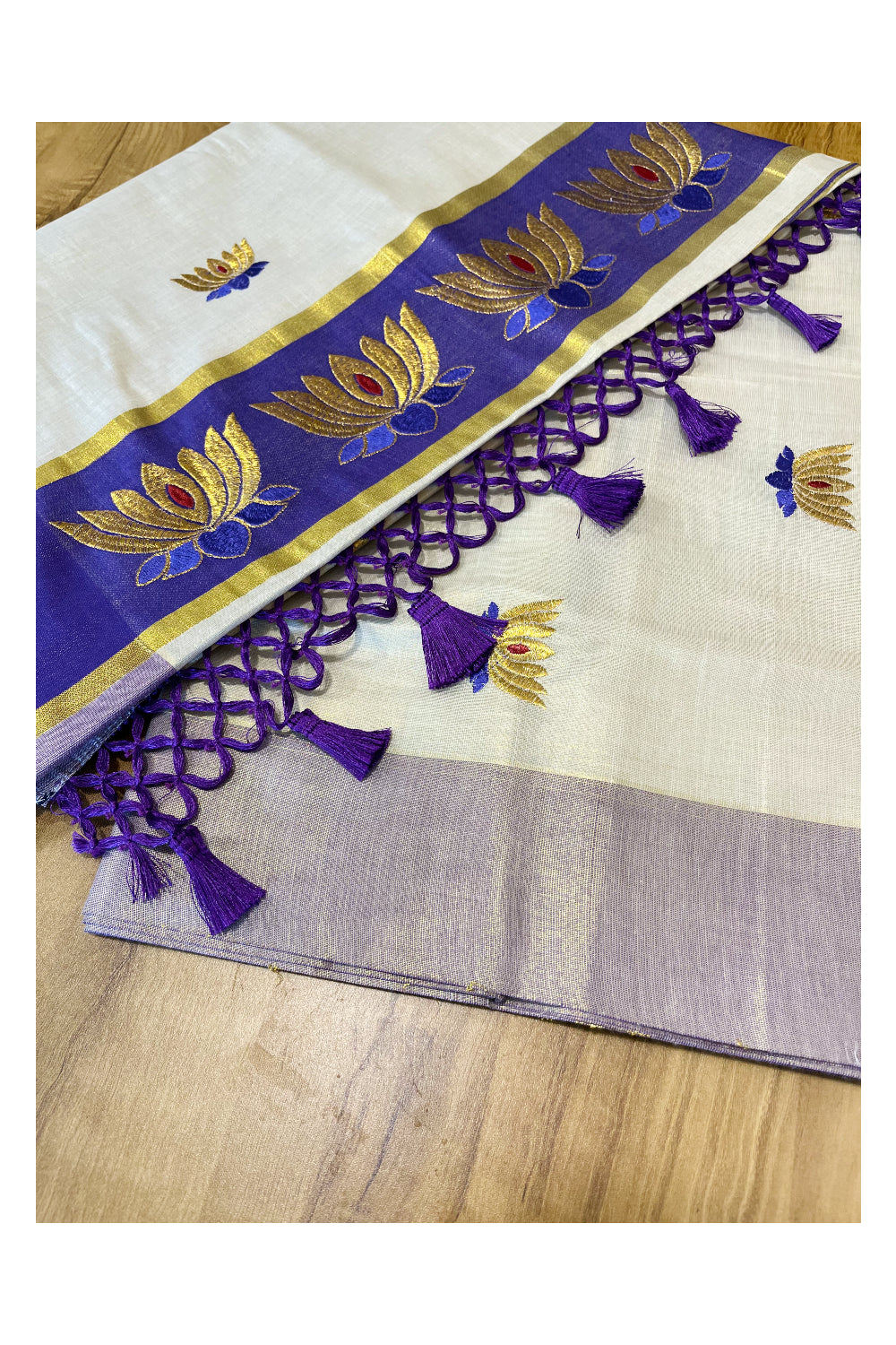 Southloom Kerala Tissue Kasavu Saree with Violet And Golden Lotus Embroidary Works on Body