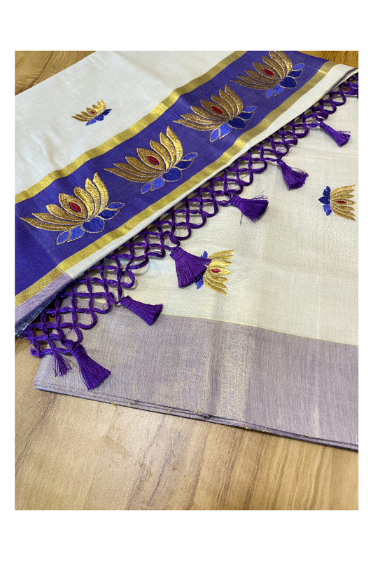 Southloom Kerala Tissue Kasavu Saree with Violet And Golden Lotus Embroidary Works on Body SL273