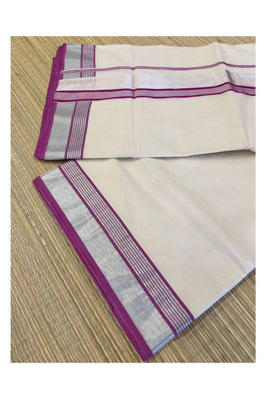 Kerala Pure Cotton Plain Saree with Silver Kasavu and Magenta Line Border