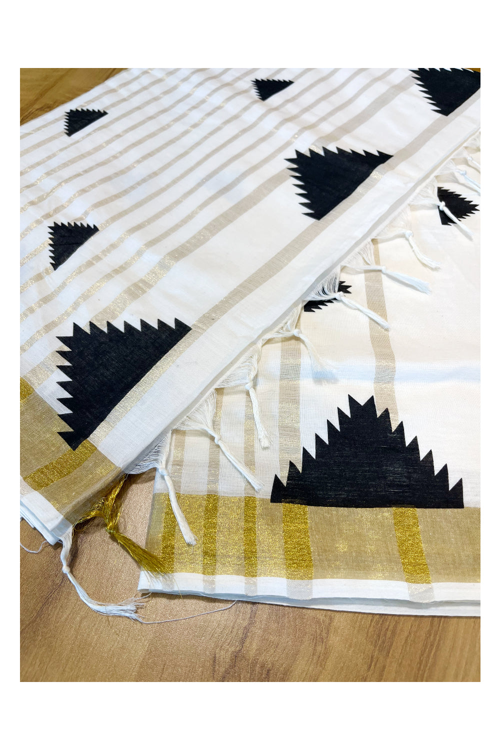 Kerala Cotton Kasavu Saree With Black Temple Woven Works on Border