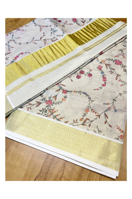 Kerala Tissue Kasavu Saree with Floral Designs On Body