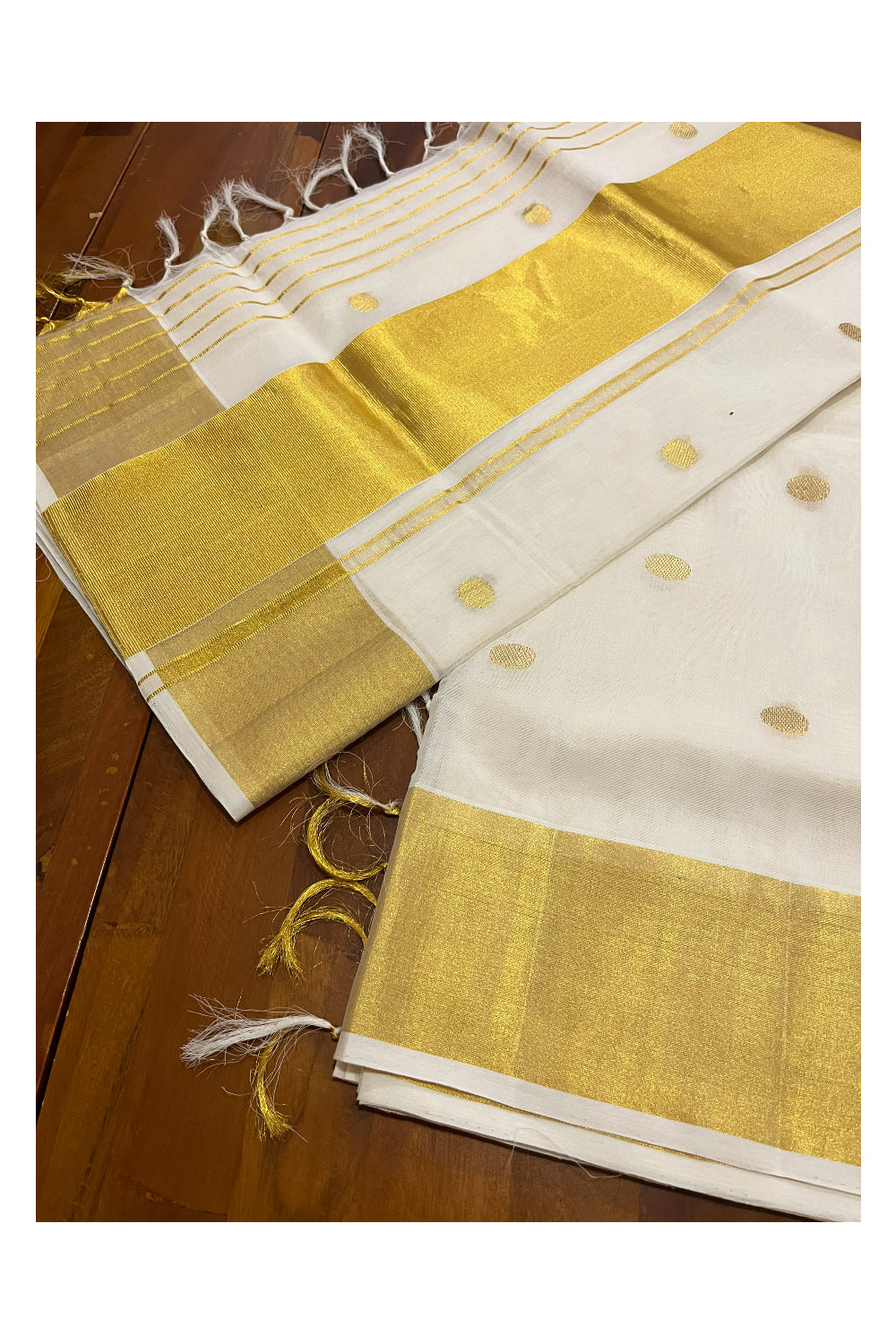 Southloom Premium Handloom Cotton Kerala Saree with Golden Polka works on Body