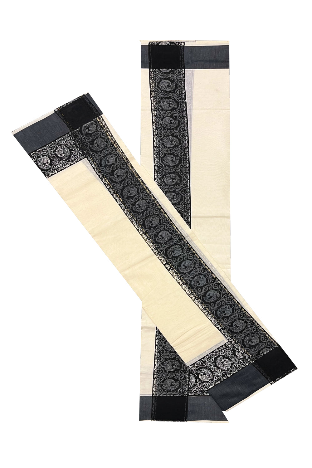Kerala Cotton Single Set Mundu (Mundum Neriyathum) with Black Block print Border 2.80Mtrs