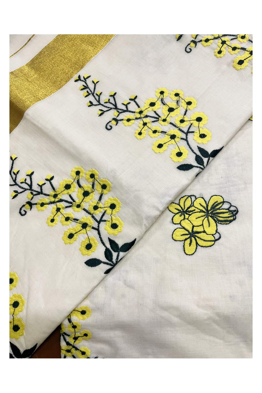 Pure Cotton Kerala Kasavu Saree with Kanikonna Floral Embroidery Designs