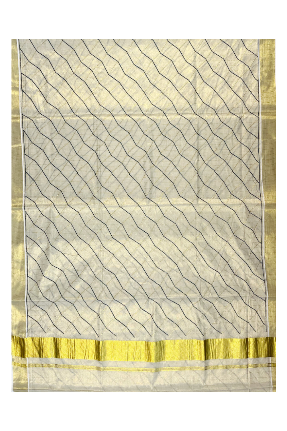 Southloom Kerala Tissue Kasavu Lines Saree with Green and Golden Floral Embroidery Designs