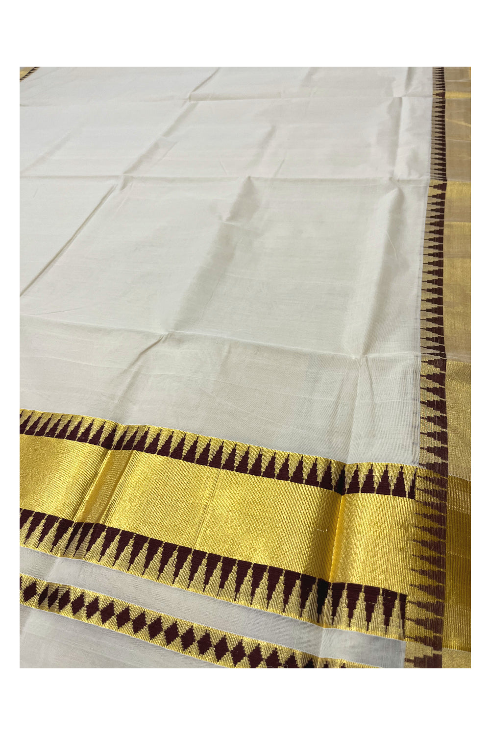 Southloom Super Premium Balaramapuram Unakkupaavu Handloom Brown and Kasavu Saree with Temple Border
