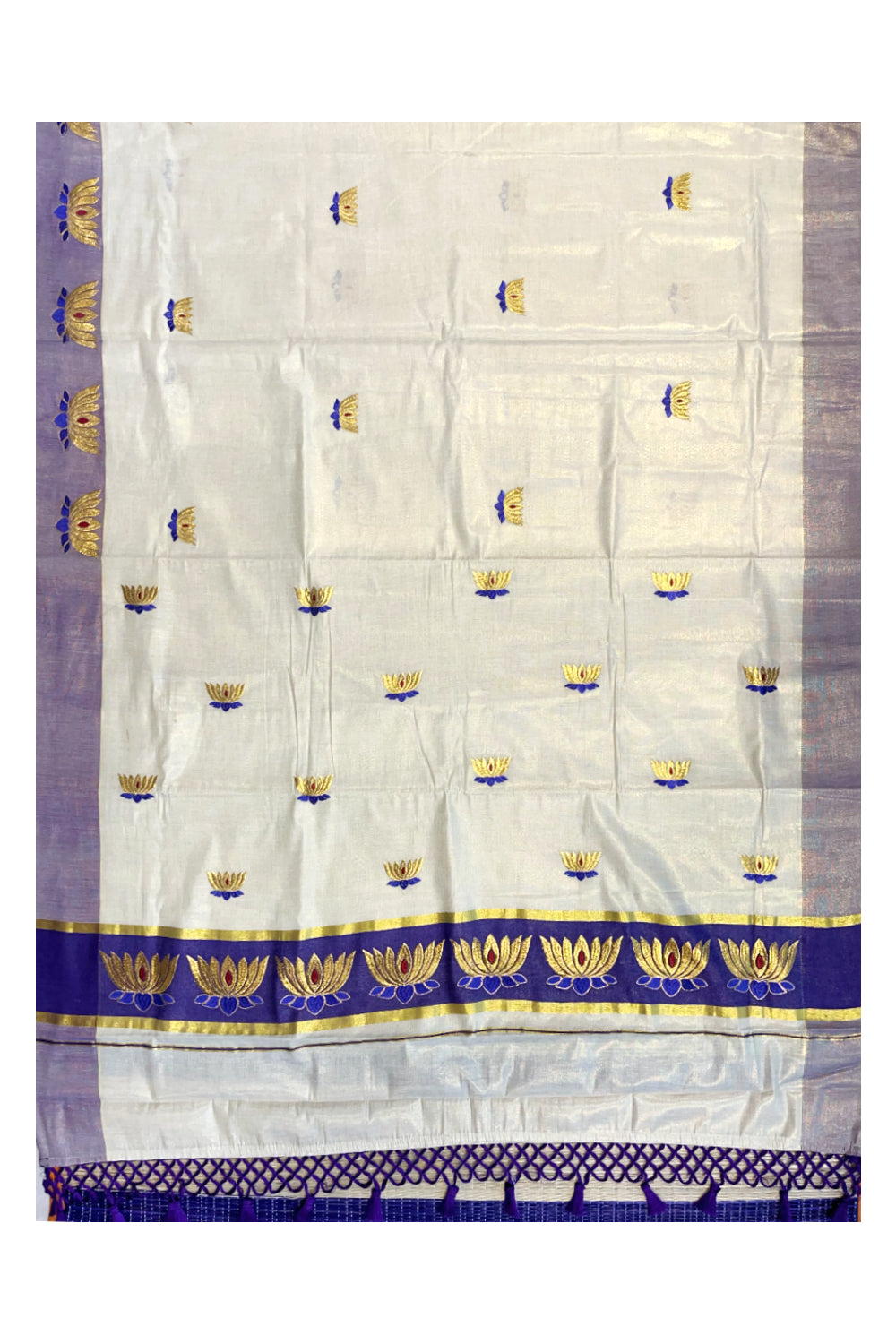 Southloom Kerala Tissue Kasavu Saree with Violet And Golden Lotus Embroidary Works on Body