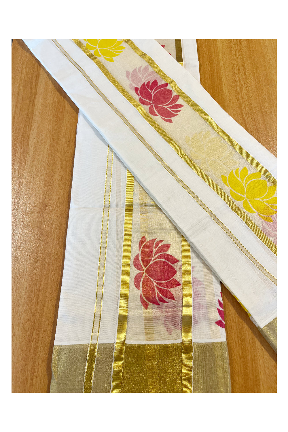 Kerala Cotton Single Set Mundu (Mundum Neriyathum) with Red And Yellow Lotus Block Prints On Kasavu Border 2.80 Mtrs