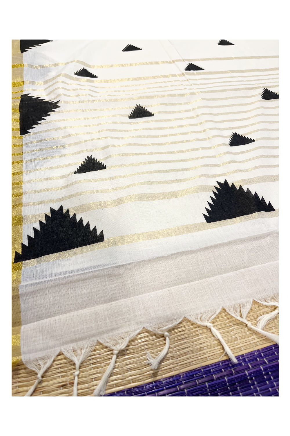 Kerala Cotton Kasavu Saree With Black Temple Woven Works on Border