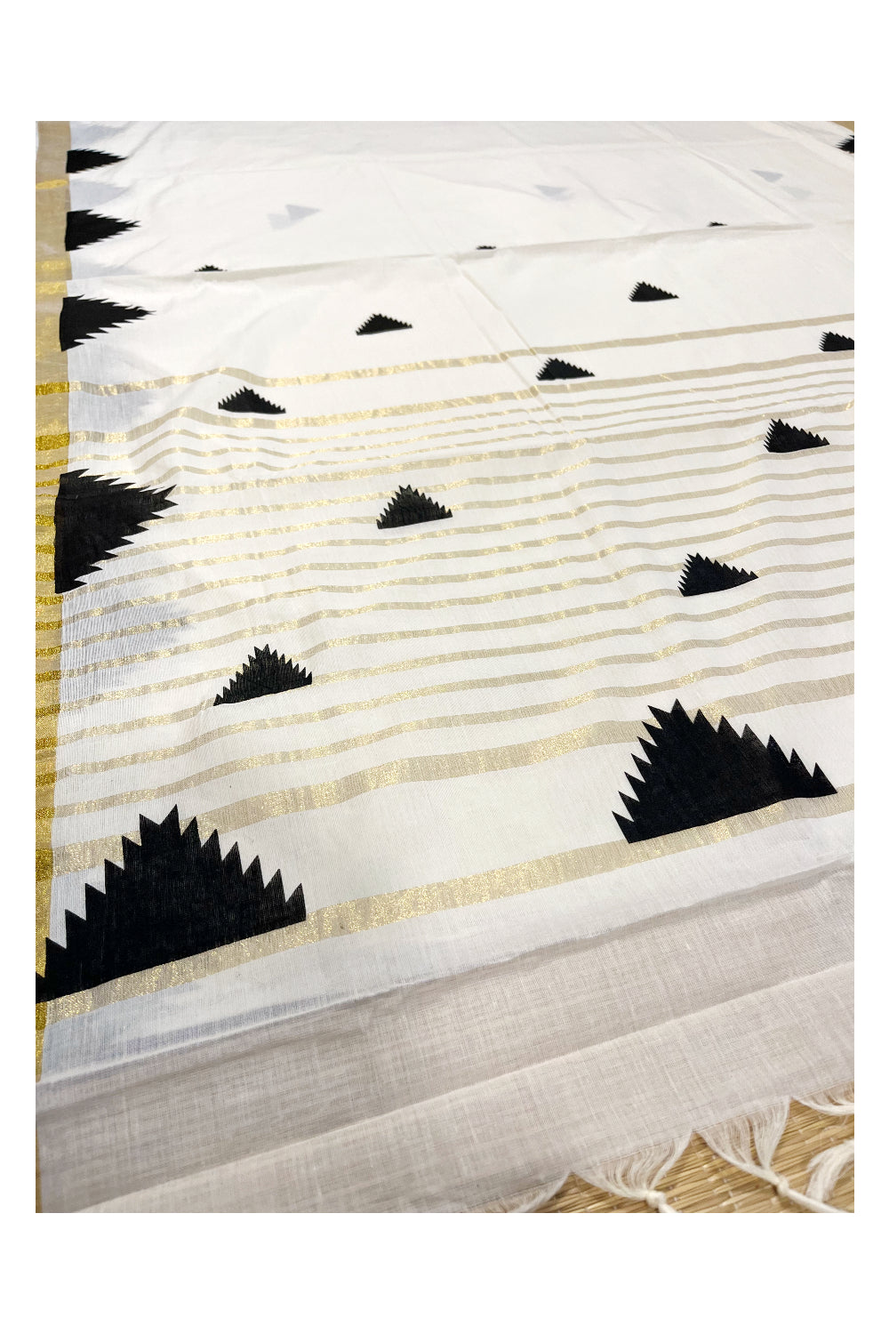 Kerala Cotton Kasavu Saree With Black Temple Woven Works on Border