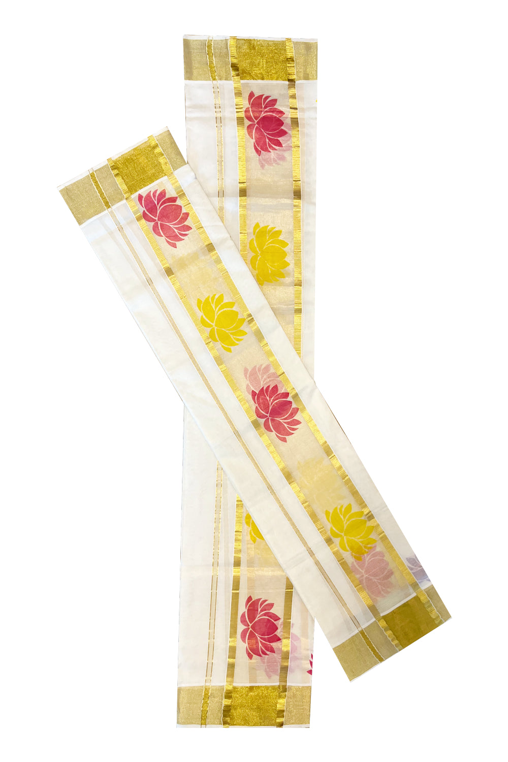 Kerala Cotton Single Set Mundu (Mundum Neriyathum) with Red And Yellow Lotus Block Prints On Kasavu Border 2.80 Mtrs