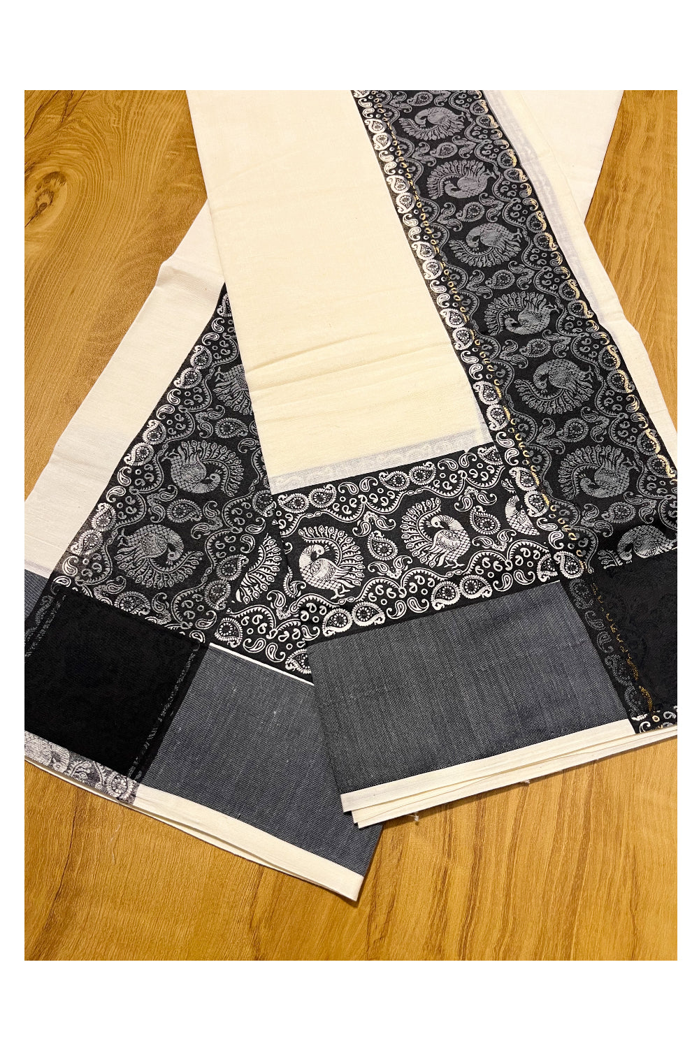Kerala Cotton Single Set Mundu (Mundum Neriyathum) with Black Block print Border 2.80Mtrs