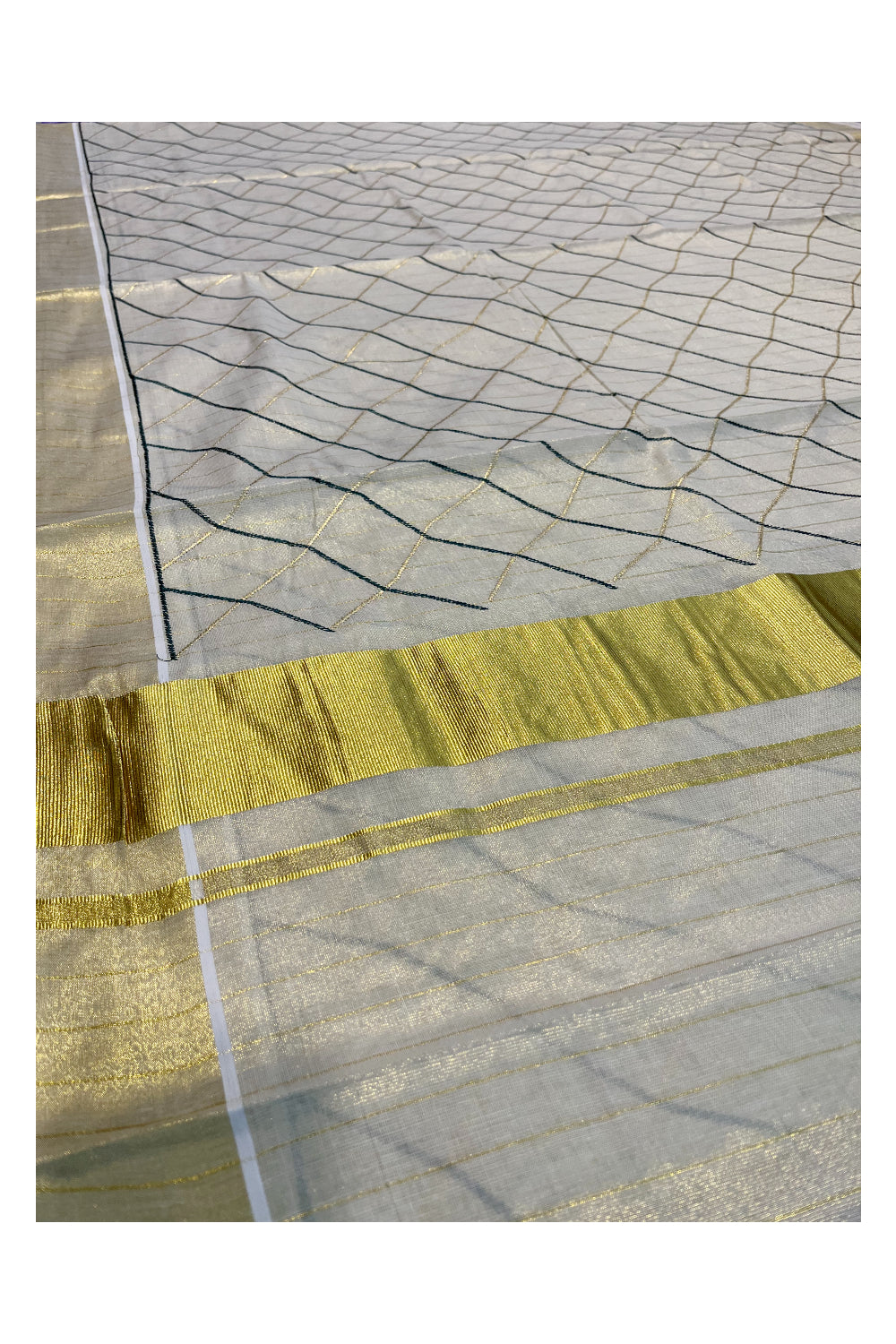 Southloom Kerala Tissue Kasavu Lines Saree with Green and Golden Floral Embroidery Designs