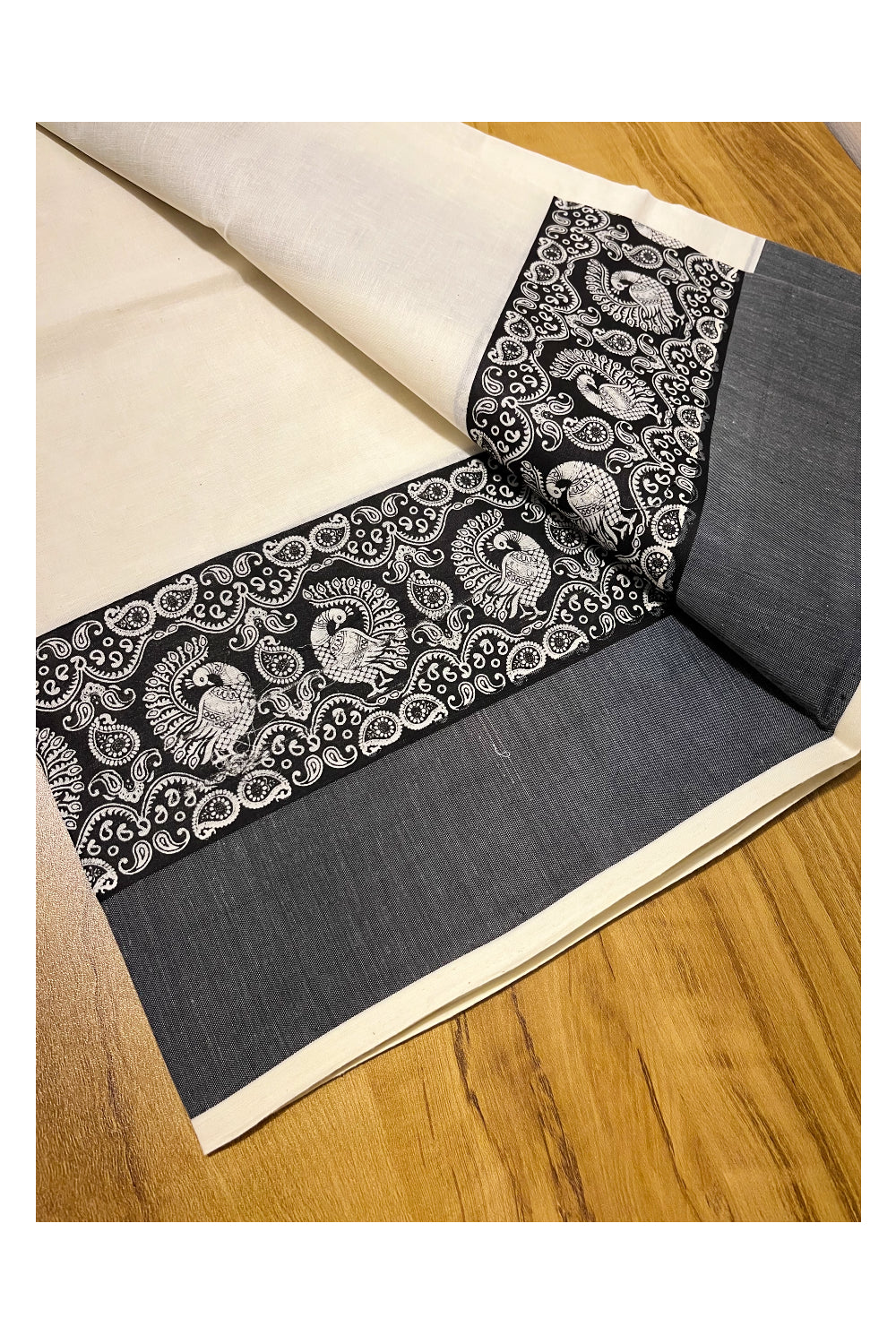 Kerala Cotton Single Set Mundu (Mundum Neriyathum) with Black Block print Border 2.80Mtrs
