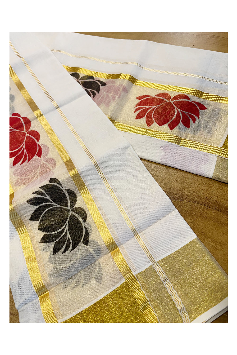 Kerala Cotton Single Set Mundu (Mundum Neriyathum) with Red And Black Lotus Block Prints On Kasavu Border