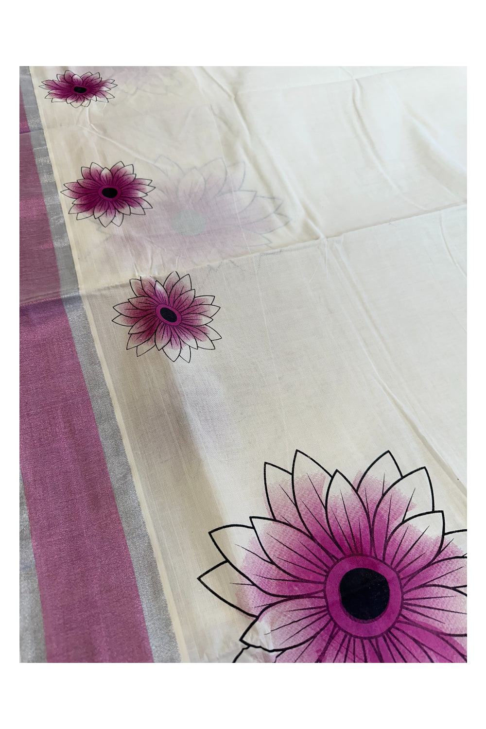 Kerala Cotton Saree with Floral Block Prints in Pink and Silver Border