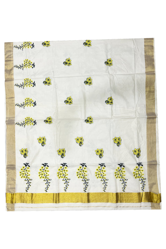Pure Cotton Kerala Kasavu Saree with Kanikonna Floral Embroidery Designs