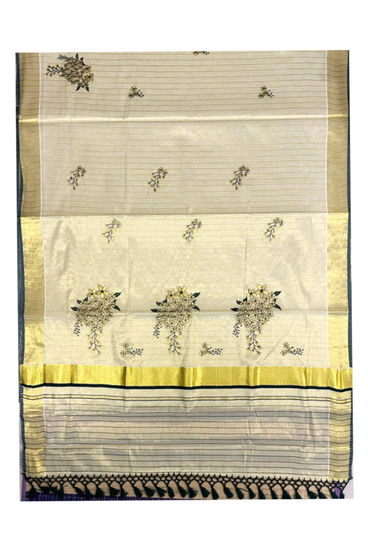 Southloom Kerala Tissue Kasavu Lines Saree with Kanikonna Floral Embroidery Designs on Body
