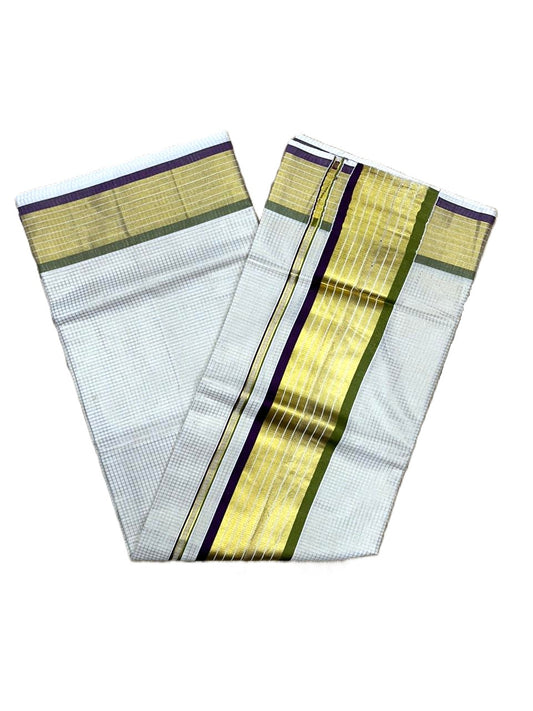 Southloom Kerala Cotton Kasavu Saree with Micro Check Design on Body in Purple & Olive Green Border SL450