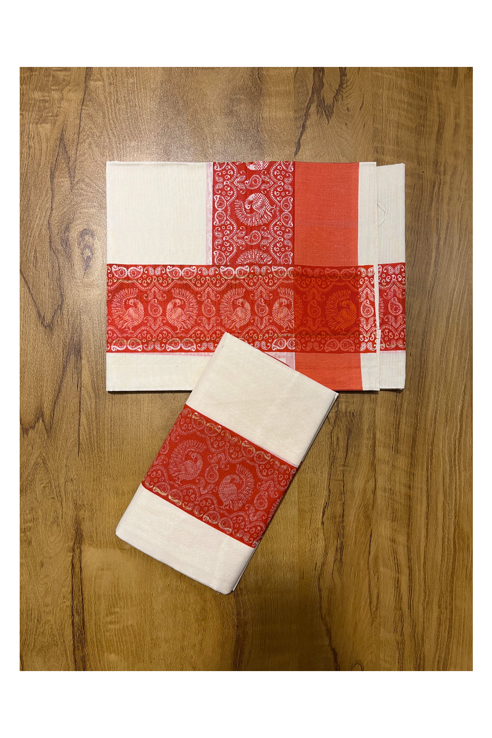 Kerala Cotton Single Set Mundu (Mundum Neriyathum) with orange Block print Border 2.80Mtrs