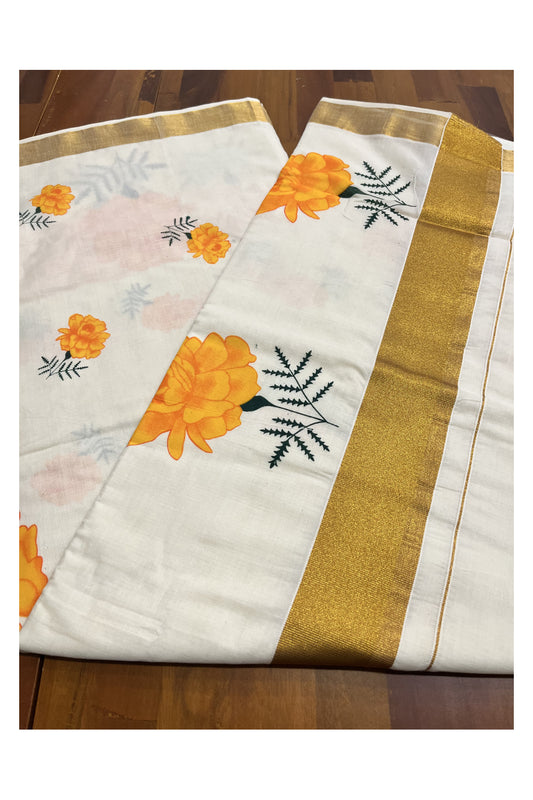 Pure Cotton Kerala Kasavu Saree with Floral Block Printed Designs