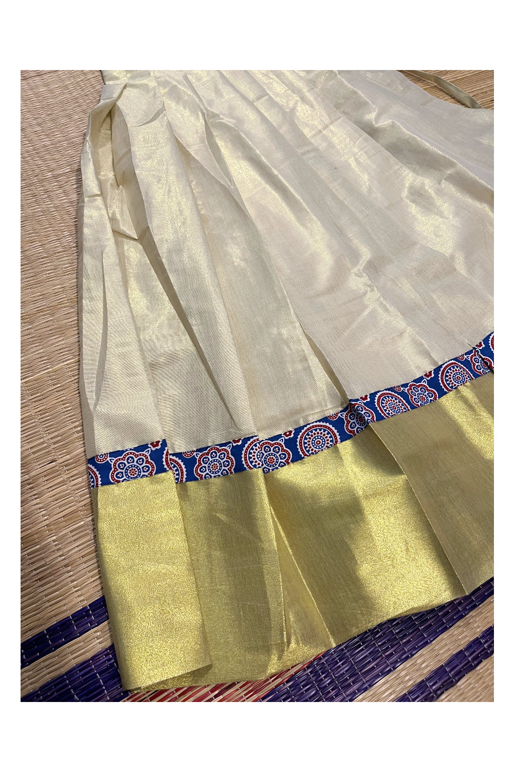 Southloom Kerala Blue Ajrakh Top and Tissue Pavada with Kasavu Printed Border