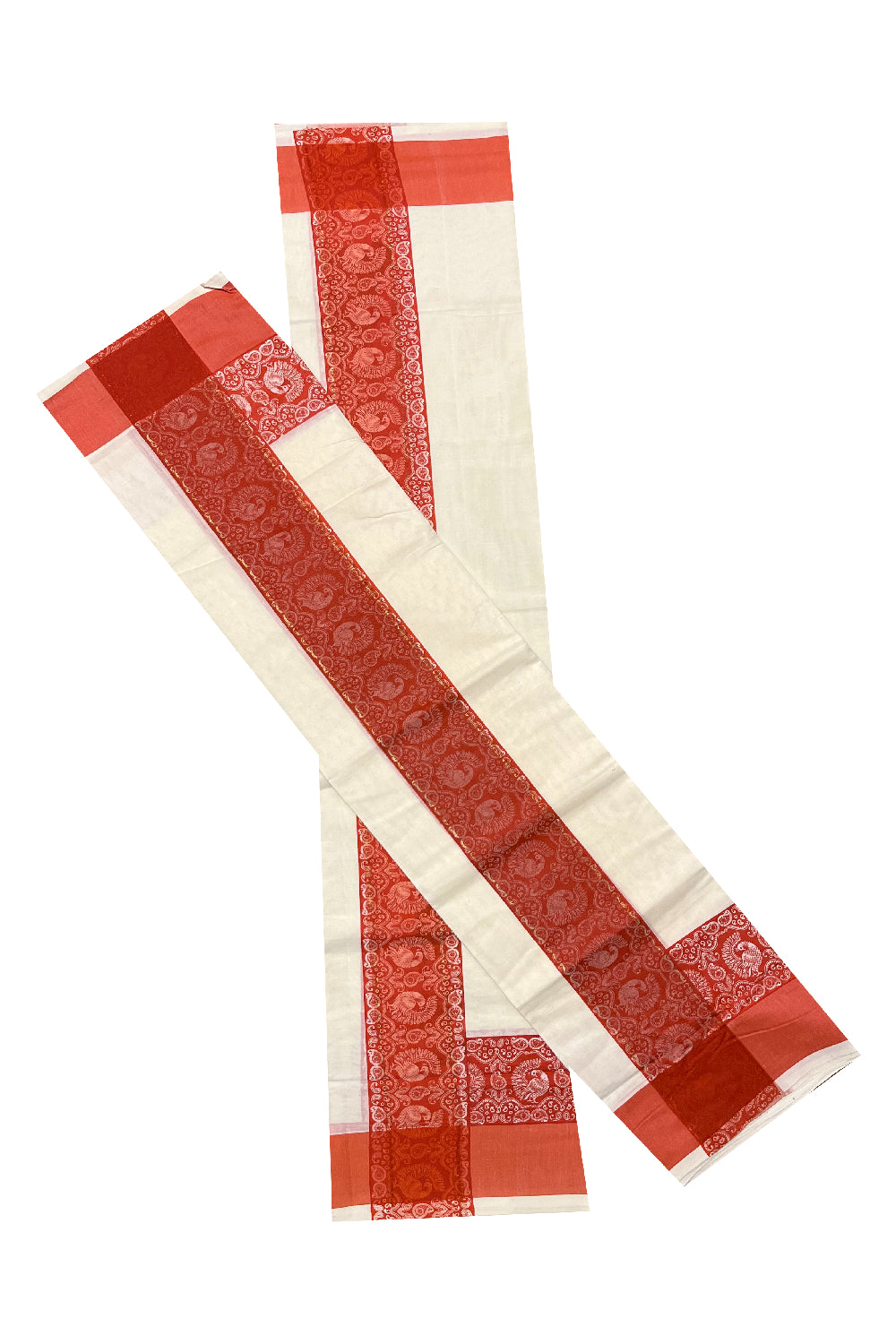 Kerala Cotton Single Set Mundu (Mundum Neriyathum) with orange Block print Border 2.80Mtrs