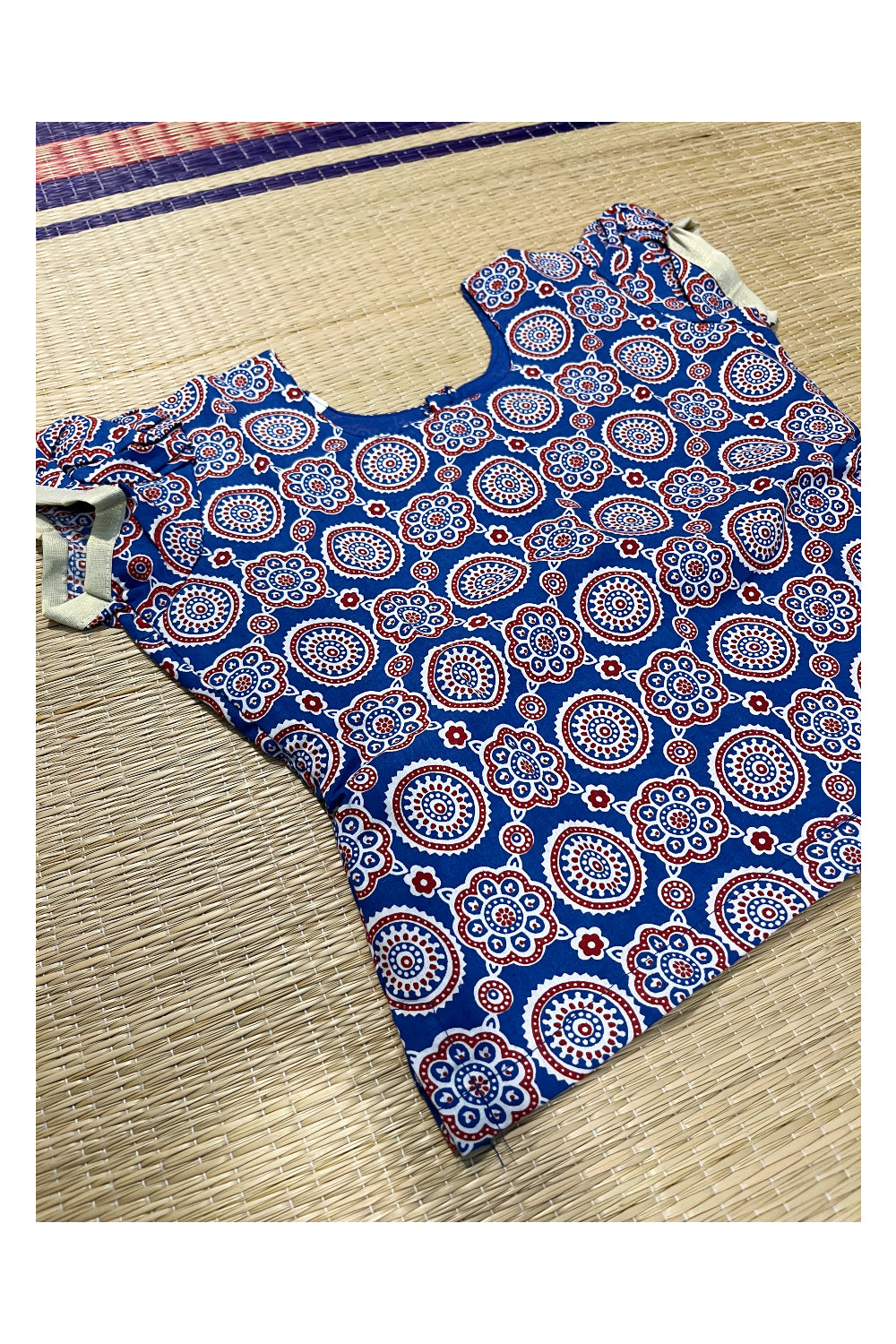 Southloom Kerala Blue Ajrakh Top and Tissue Pavada with Kasavu Printed Border