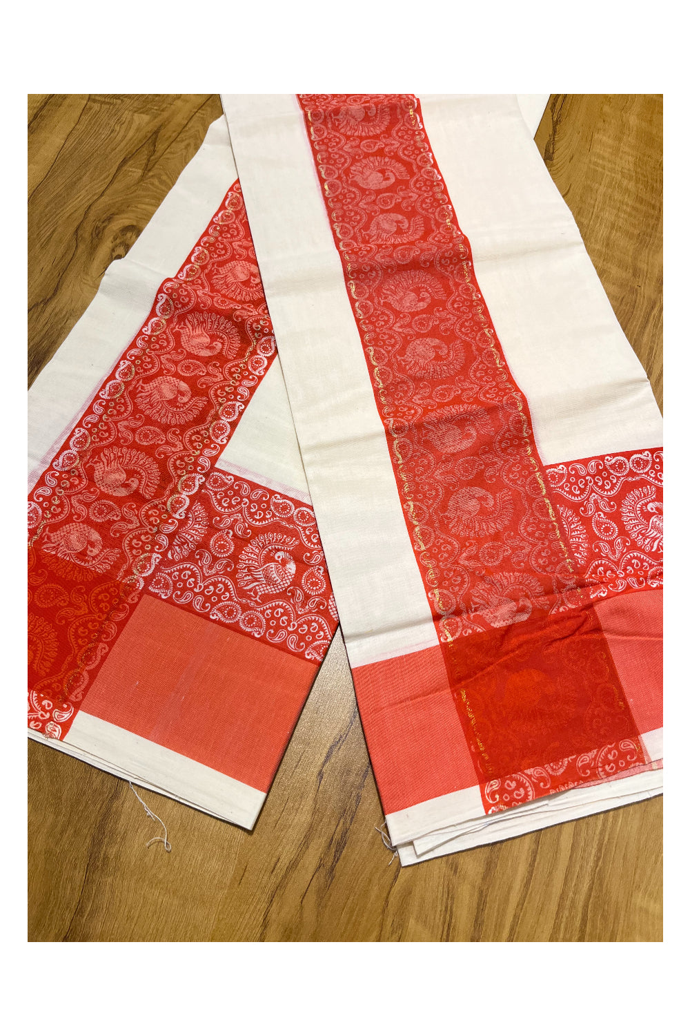 Kerala Cotton Single Set Mundu (Mundum Neriyathum) with orange Block print Border 2.80Mtrs