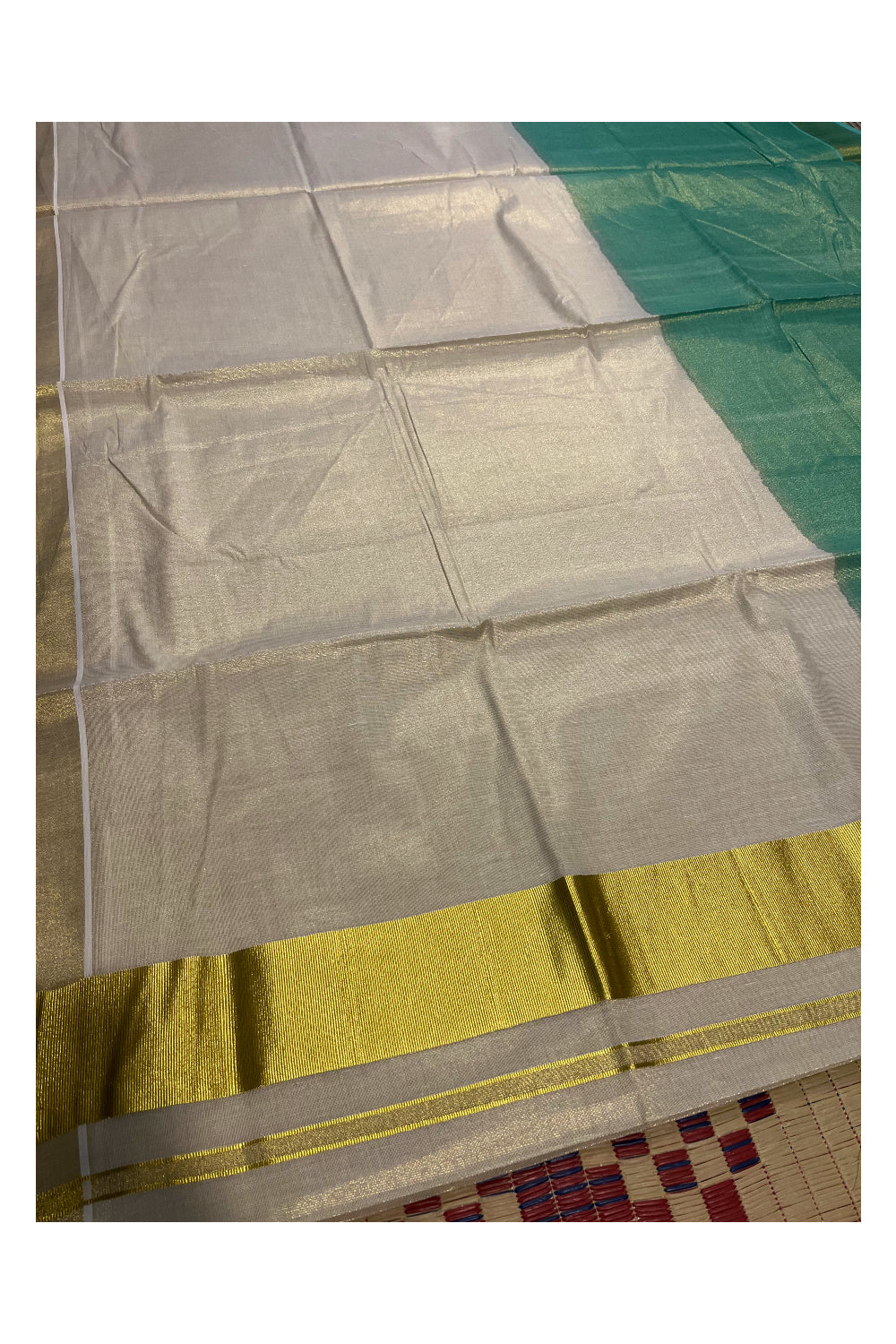 Southloom Tie & Dye - Half & Half Multi Colour Green Design Saree with Kasavu Border