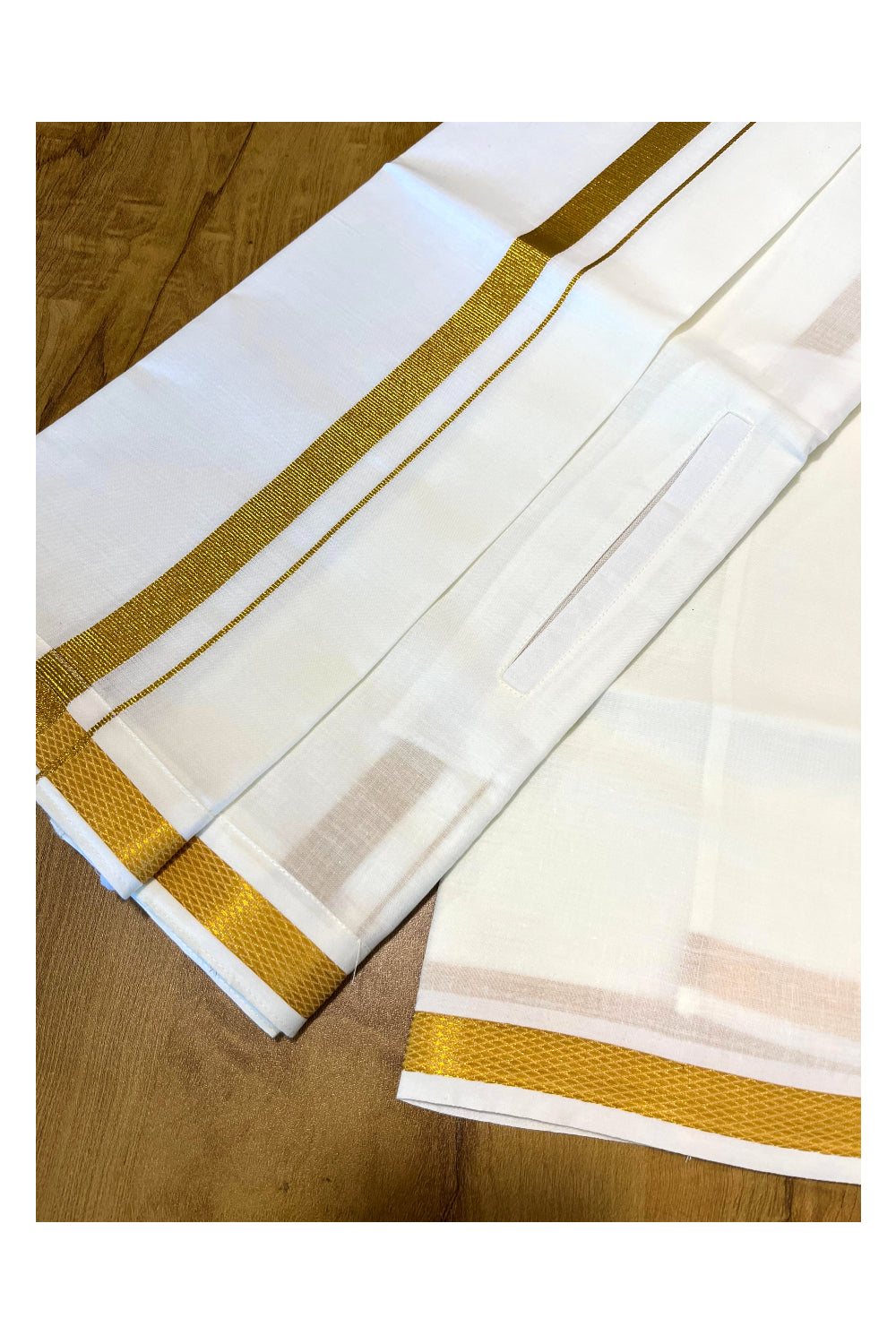Off White Pure Cotton VELCRO Single Mundu with Kasavu Border (South Indian Kerala Dhoti)