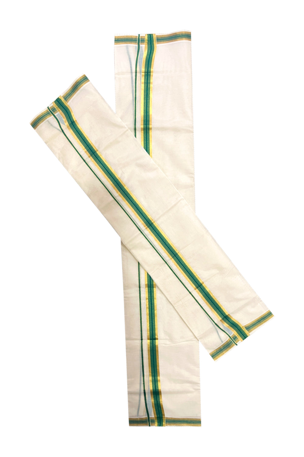 Kerala Cotton Mundum Neriyathum Single (Set Mundu) with Kasavu and Green Border 2.80 Mtrs
