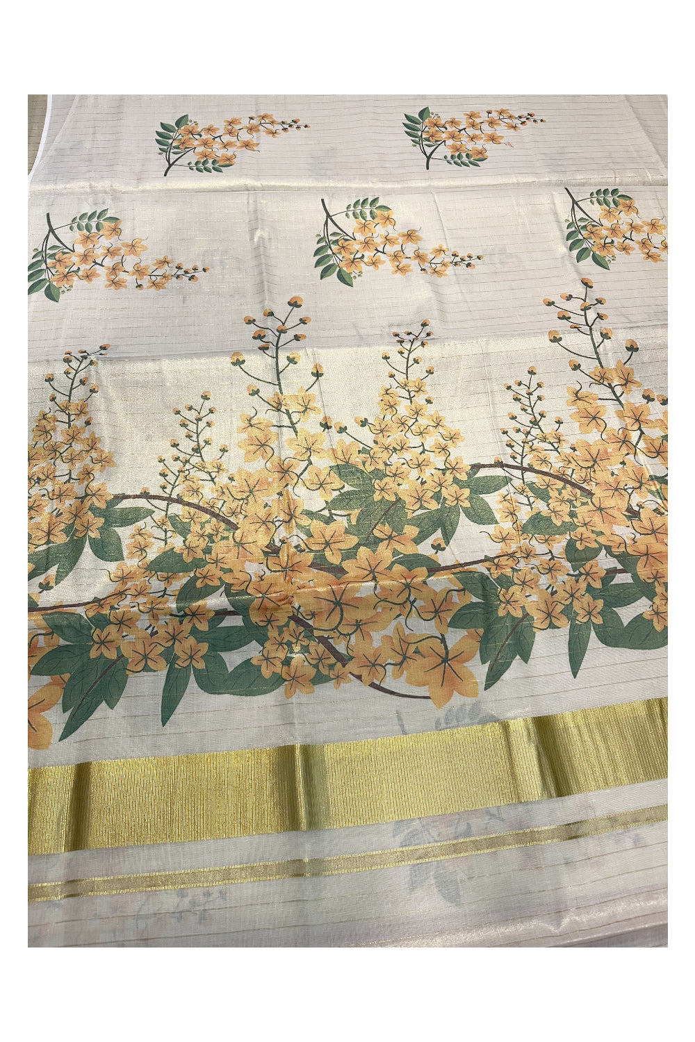 Kerala Tissue Kasavu Lines Design Saree with Kanikonna Floral Prints on Body