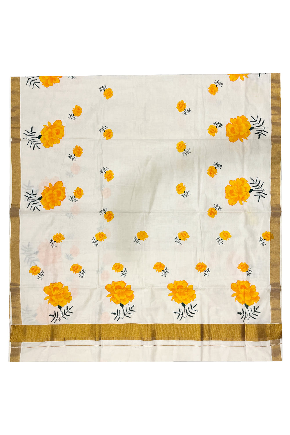 Pure Cotton Kerala Kasavu Saree with Floral Block Printed Designs