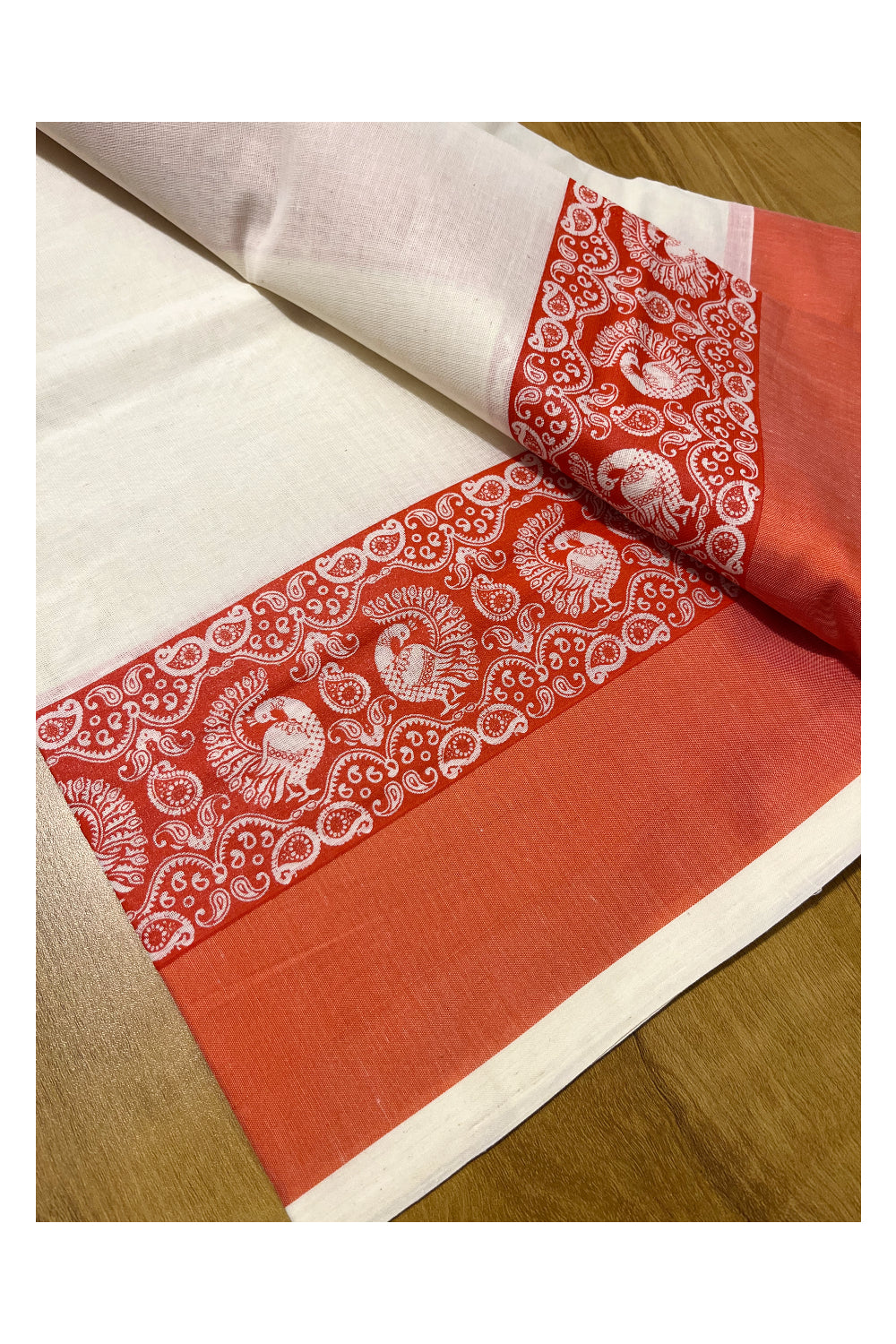 Kerala Cotton Single Set Mundu (Mundum Neriyathum) with orange Block print Border 2.80Mtrs