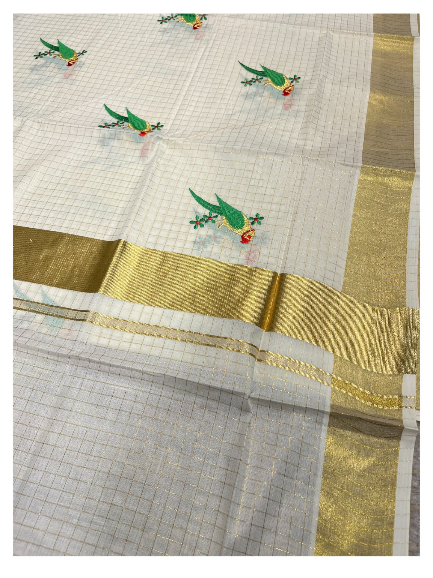 Southloom Pure Cotton Kerala Kasavu Check Saree with Parrot Embroidery Work