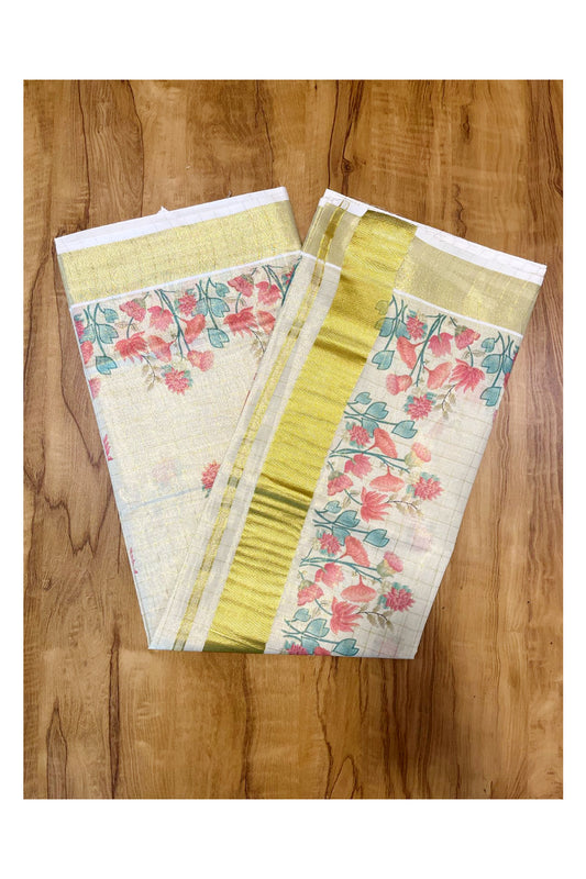 Kerala Tissue Kasavu Check Saree with Floral Designs On Body