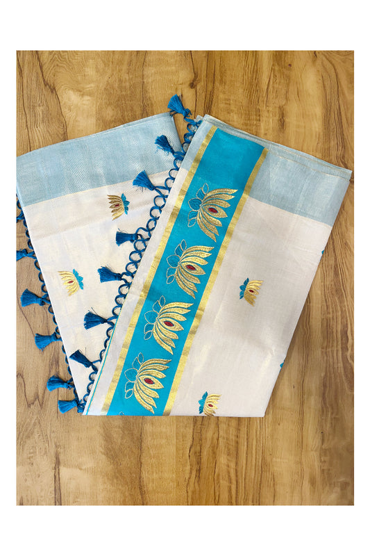 Southloom Kerala Tissue Kasavu Saree with Turquoise And Golden Lotus Embroidary Works on Body
