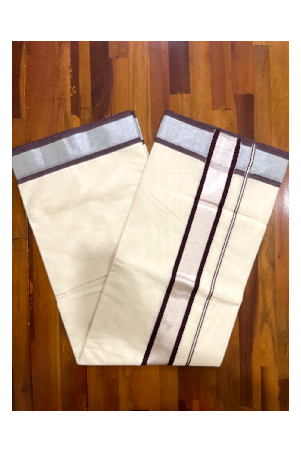 Pure Cotton Kerala Saree with Silver Kasavu and Brown Border