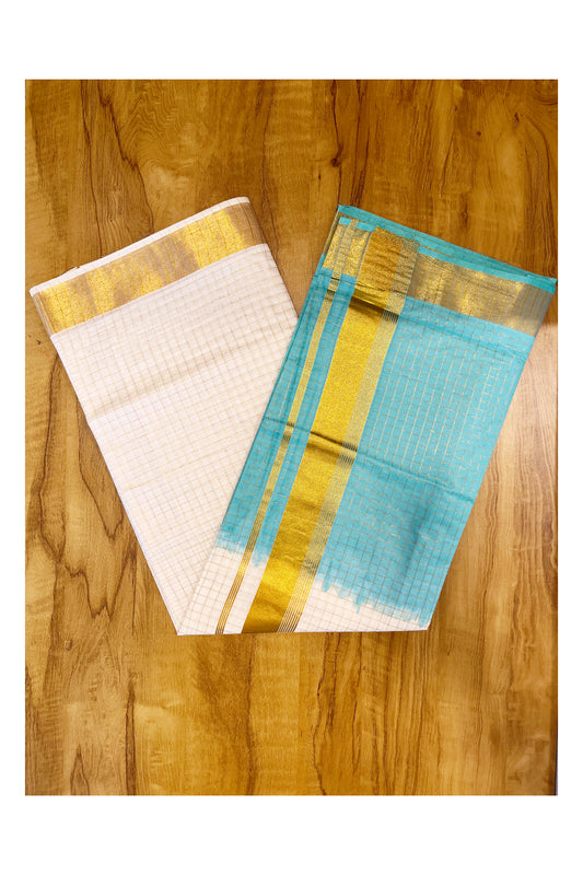Southloom Cotton Tie & Dye - Half & Half Turquoise Design Saree with Kasavu Checks Across Body