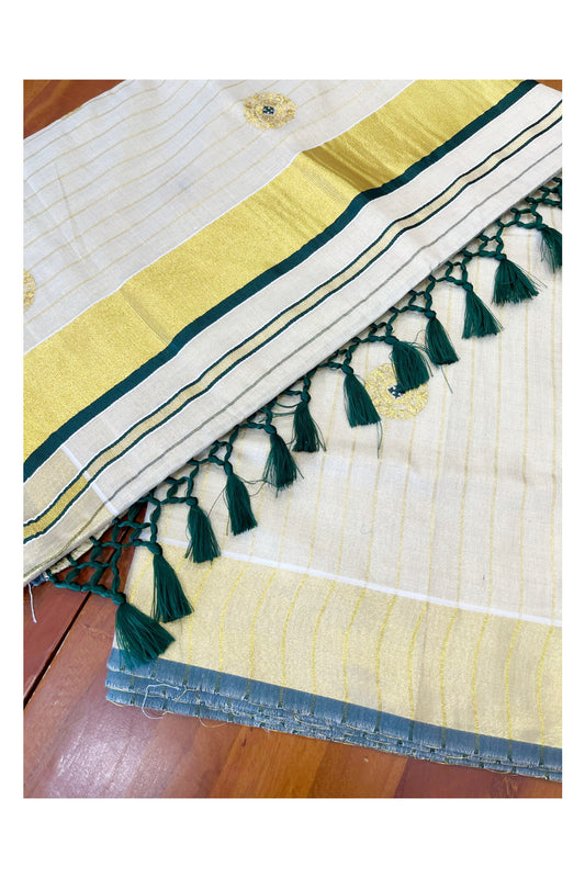 Kerala Tissue Kasavu Lines Saree with Golden And Green Embroidery Works