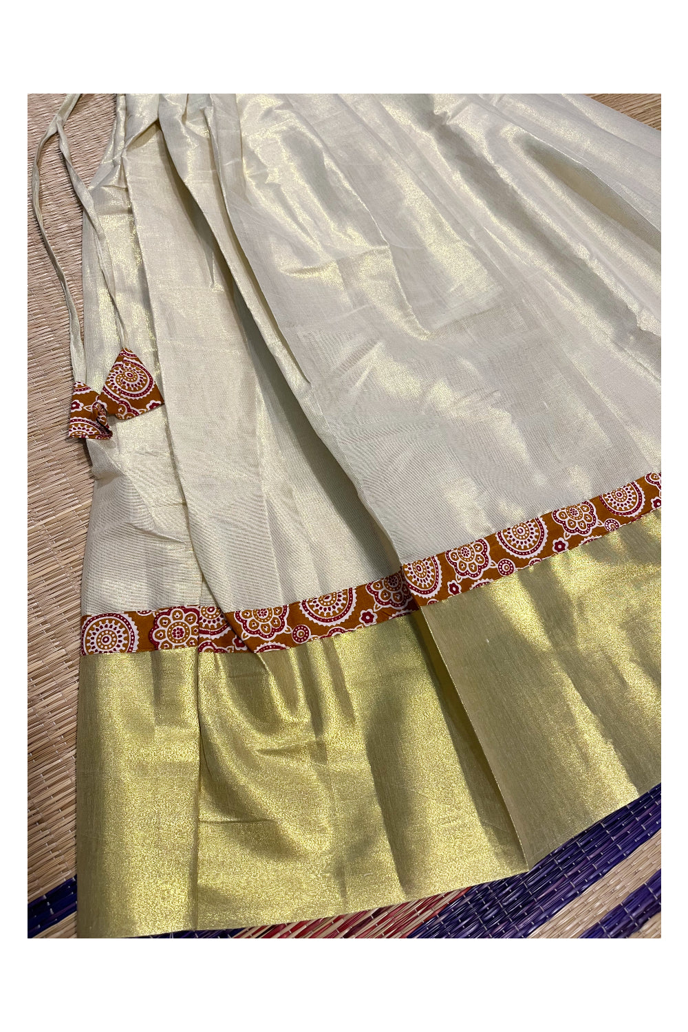 Southloom Kerala Yellow Ajrakh Top and Tissue Pavada with Kasavu Printed Border